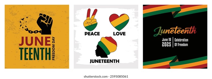 Black Emancipation Day. Clenched hands break the chain. Peace, Love, Juneteenth. Pan-African flag on black background.  Juneteenth concept. Set flat vector illustration.