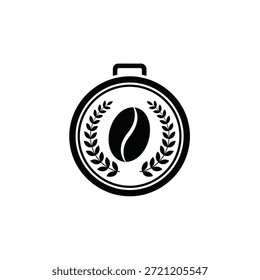 Black emblem on white background featuring a coffee bean surrounded by a laurel wreath.