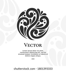 Schwarzes Emblem mit Splash-Ornament in Kreisform. Kann als Monogramm und Logo verwendet werden. Luxuriöse Vintage-Vektorvorlage mit eleganten Elementen. Ideal für Tapete oder Hintergrunddekoration.