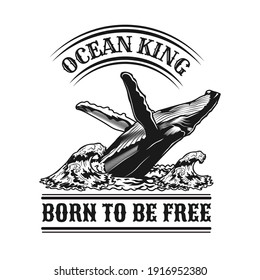 Black emblem with whale in waves. Monochrome design elements with whale swimming in ocean and text. Nature or wildlife concept for travel agency stamp, label, sign template