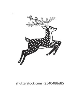 Black embossed Christmas deer jumping on a white background.