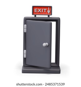 Black emergency exit door. Realistic model on white background