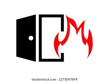 Black emergency exit door red fire escape sign warning icon flat vector design