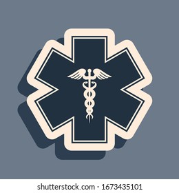 Black Emergency star - medical symbol Caduceus snake with stick icon isolated on grey background. Star of Life. Long shadow style. Vector Illustration