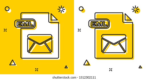 Black EML file document. Download eml button icon isolated on yellow and white background. EML file symbol. Random dynamic shapes. Vector Illustration