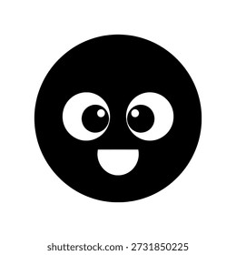 Una cara de emoticono negro con una expresión sonriente y ojos anchos sobre un fondo blanco.