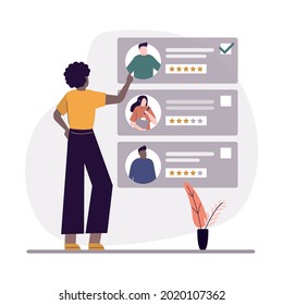 Black employer search for employee for company based on rating. Searching through website. HR specialists choosing best candidate for job. Recruitment staff and cv resume concept. Vector illustration