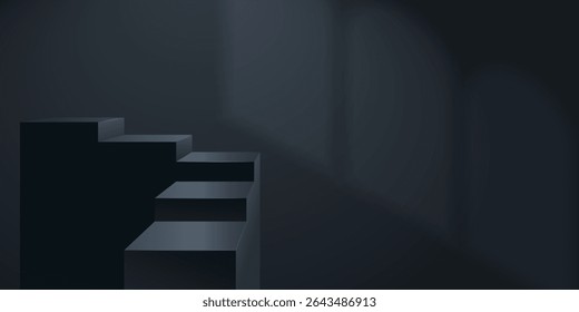 Fundo 3D vazio preto com degraus e luar.