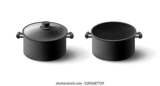 Black empty 3d saucepan, open and closed. Kitchen utensils for cooking. Image on a white background.