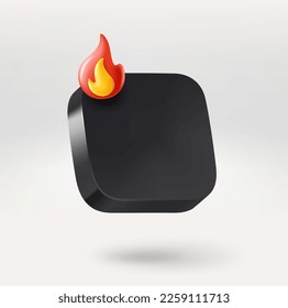 Black empty app icon with bonfire. Place your logo or icon into button. 3d vector icon isolated on white background