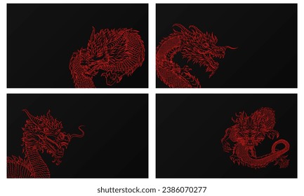 Black empty banner with red hand drawn linear dragon and space for text. Blank wallpaper with outline traditional Chinese Dragons. Tattoo in asian style