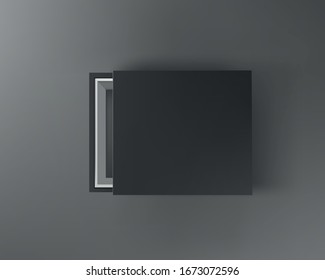 Black empty box mock up on dark gray background. Top view. Template for your presentation design, banner, brochure or poster. Vector illustration.