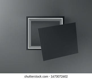 Black empty box on black background. Top view. Template for your presentation design, banner, brochure or poster. Vector illustration.