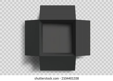 Schwarze leere Faltschachtel. Draufsicht. Vorlage einzeln auf transparentem Hintergrund. Vektorgrafik hoch.
