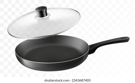 Black empty frying pan with a glass lid, with nonstick surface isolated on transparent background, close-up, side view.Design template. Vector realistic 3d. Design Template for Mockup. Food, Concept.