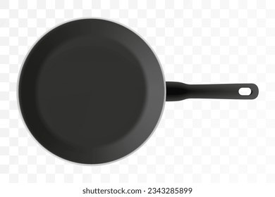 Black empty frying pan with nonstick surface isolated on transparent background, close-up, top view.Design template. Vector realistic 3d illustration. Design Template for Mockup.