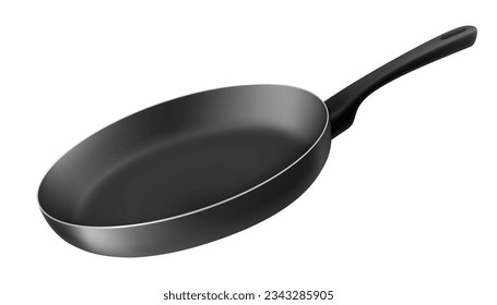 Black empty frying pan with nonstick surface isolated on white background, close-up. Design template. Vector realistic 3d design