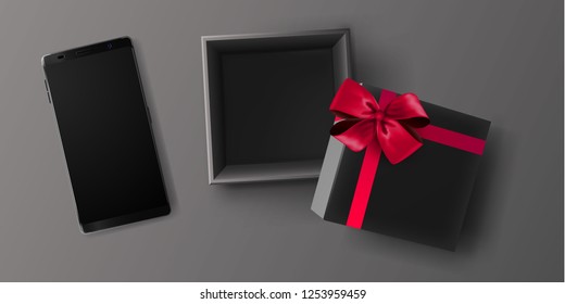 Black empty gift box on gray background with pink shiny ribbons and bow and Smartphone black. Top view. Template for design holiday, Valentine day, New year, Christmas, Birthday or anniversary. Vector