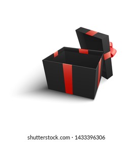 Black empty gift box with red bow showing nothing inside. Realistic birthday or Christmas present package with festive ribbon isolated on white background - vector illustration.