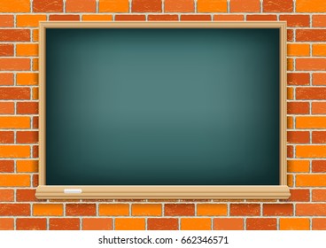 Black empty green blackboard and chalk on old red brick background texture. School education object