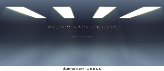 Black empty hall lit by lamps on the ceiling. Soft gradient from the rays of the searchlight on the floor. Studio background for display brand or product. Vector 3d illustration