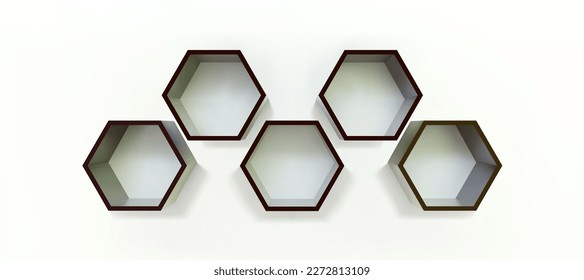 Black empty hexagon shelves on white wall 3D mockup. Shop, gallery plastic or wooden showcase to present product. Blank retail storage space. Interior design furniture. Living room bookshelf