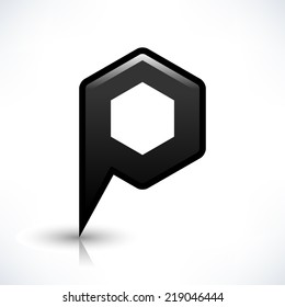 Black empty map pin location sign rounded hexagon shape icon with drop reflection gray shadow isolated on white background in simple flat style. Web design element vector illustration save in 8 eps