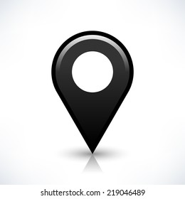 Black empty map pin location sign circular shape icon with drop reflection gray shadow isolated on white background in simple flat style. Web design element vector illustration save in 8 eps