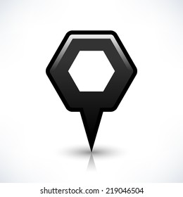 Black empty map pin location sign rounded polygon shape icon with drop reflection gray shadow isolated on white background in simple flat style. Web design element vector illustration save in 8 eps