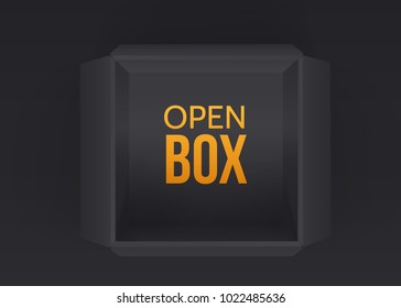 Black empty open box isolated on black background. Top view. Template for your presentation design, banner, brochure or poster. Vector illustration.