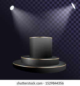 Black empty pedestal with spotlights, stage, platform on a transparent background