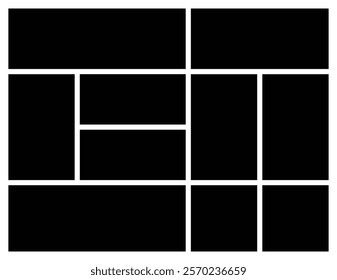 Black empty photo collage grid template. Picture texture background for presentation. Moodboard template for wall display.
