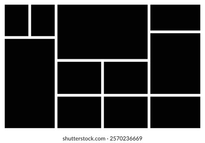 Black empty photo collage grid template. Picture texture background for presentation. Moodboard template for wall display.