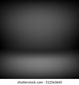 Black empty photo studio backdrop background with realistic light for design concepts, presentations, posters, banners, web, wallpapers and prints. Vector illustration.