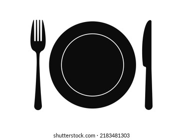 Black empty plate with knife and fork icon isolated on a white background. Top view dark silhuette tableware - plate, spoon, fork, knife shapes. Vector flat design simple kitchen cutlery illustration.