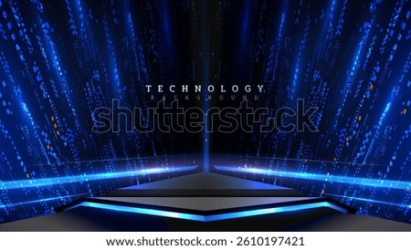 Black empty podium on blue background with blue neon effect. With glowing big data particle movement decoration. Futuristic technology scene design concept. Vector illustration.