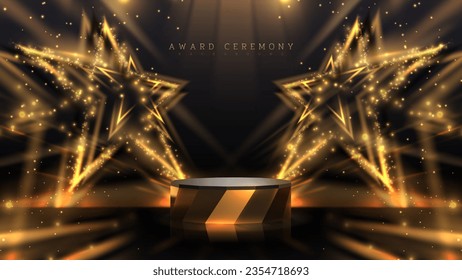 Black empty podium on dark background and 3d gold star elements with light ray effects decoration and bokeh. Luxury award ceremony design concept. Vector illustration.