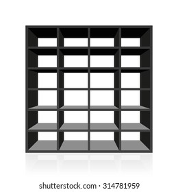 Black empty rack or bookshelf with twenty four cubbyholes. Isolated vector illustration on white background.