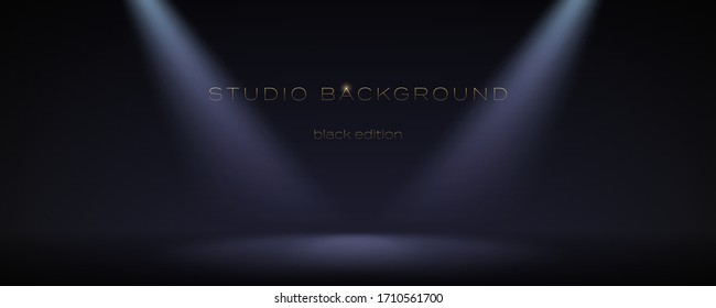 Black empty room illuminate two spotlights. Soft gradient. Dark studio can used for background and display brand or product. Black edition. Vector 3d illustration