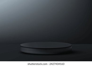 Black empty round podium. Black round podium on a dark background, advertising demonstration of goods.