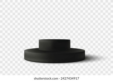 Black empty round podium. Black round podium on a transparent background, advertising demonstration of goods. Design element.