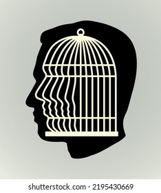 Jaula de hierro en forma de cara humana. Icono de dibujo del vector