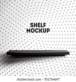 Black empty shelf mock up. Shelf on a white wall with halftone dots background