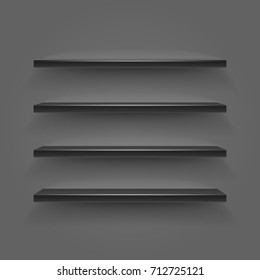 Black empty shelves on dark wall. Vector illustration