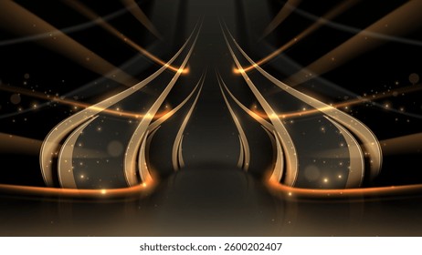 Black empty stage with golden glowing curve light lines effect, luxury feel vector illustration background design.