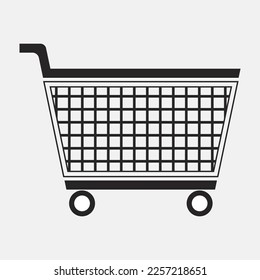 Black empty supermarket grocery cart with shopping cart. Linear style. Side view. Metal trolley on wheels for placing purchases. Universal logo template for ordering fast delivery through mobile app.