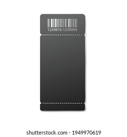 Black empty ticket mockup with barcode realistic vector illustration isolated.