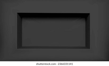 Black empty wall shelf box background vector. Museum niche space design. 3d gallery presentation frame for exhibition in warehouse. Advertising studio storage backdrop for store with recess podium