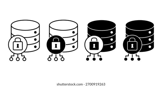 Black encryption icons representing privacy, safety, and secure data protection for technology and network systems.