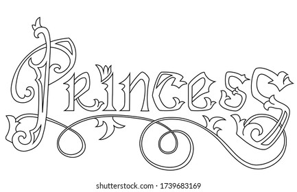 Black end white title Princess. Elements for your coloring book design